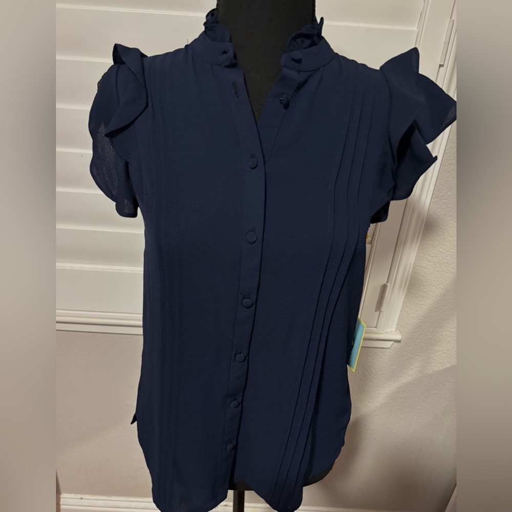 CeCe Ruffled Navy Blouse